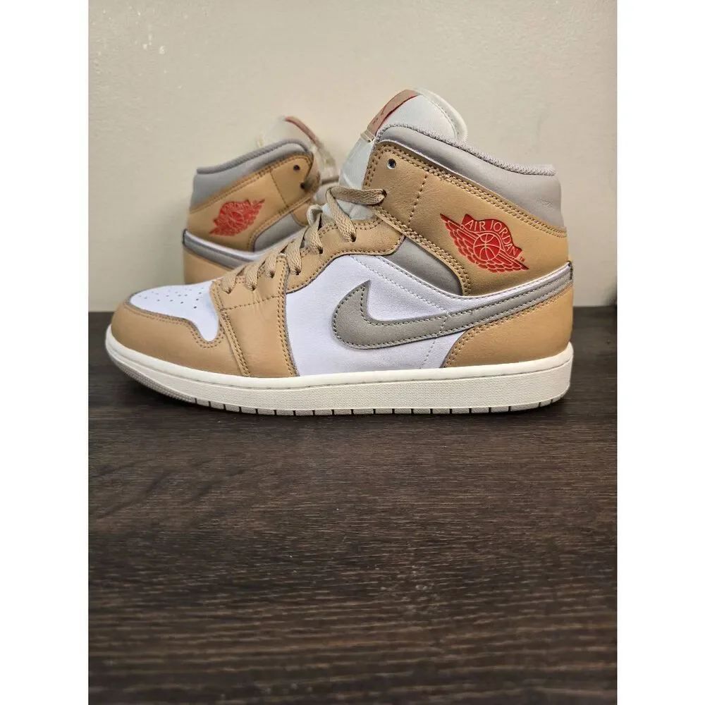 Air Jordan 1 Mid Men's Basketball Shoes Size 10.5 Tan Red